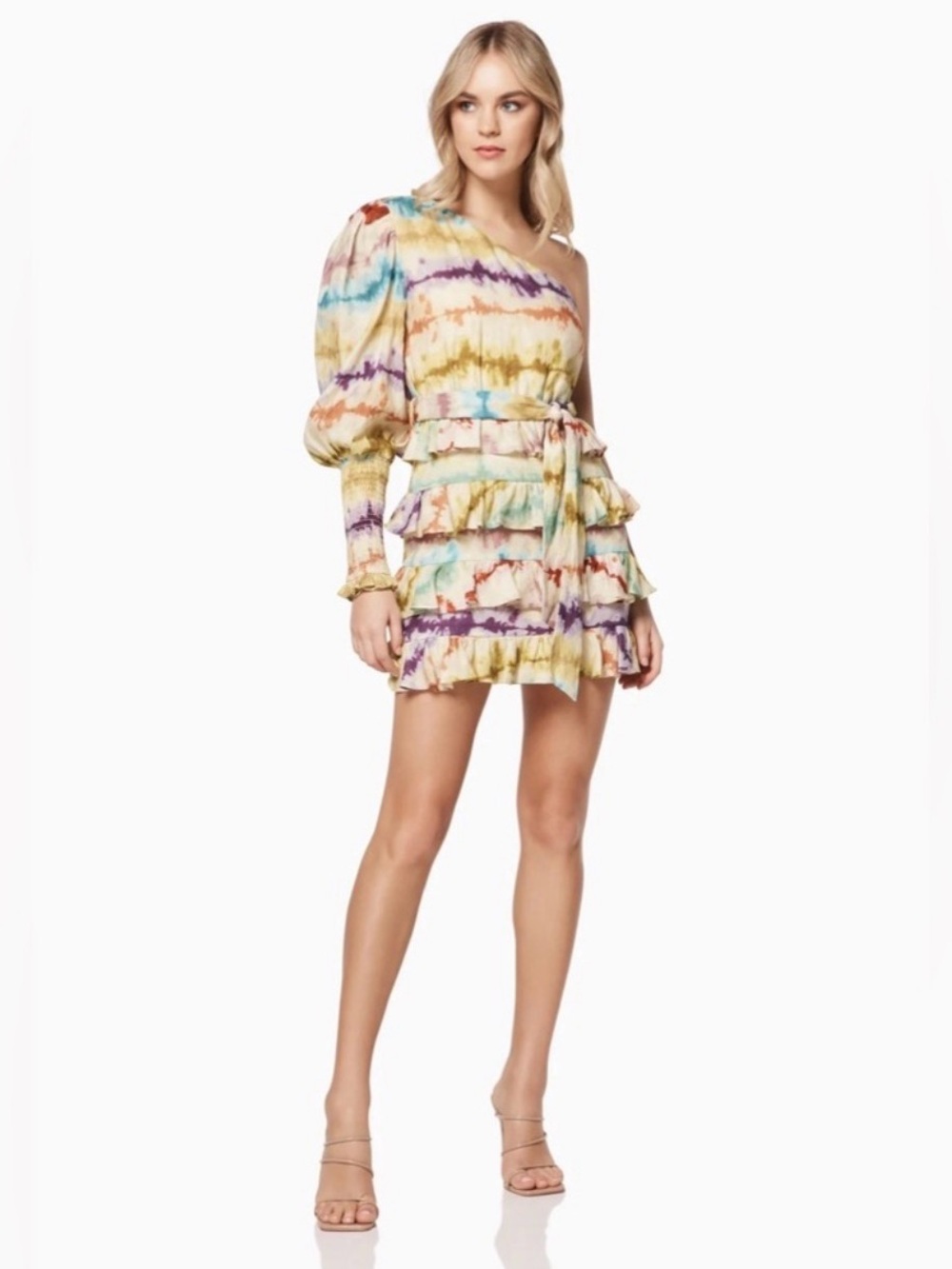 Elliatt One-Shoulder Ruffle Tie-Dye Venue Linen Mini Dress size Small NWOT